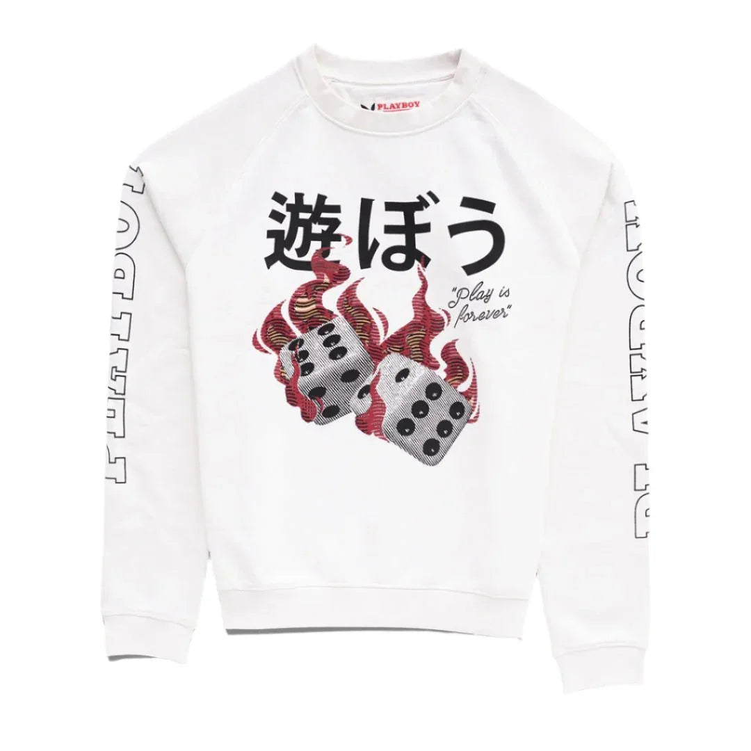 White sweatshirt with flaming dice graphic, Japanese characters, and text on sleeves.