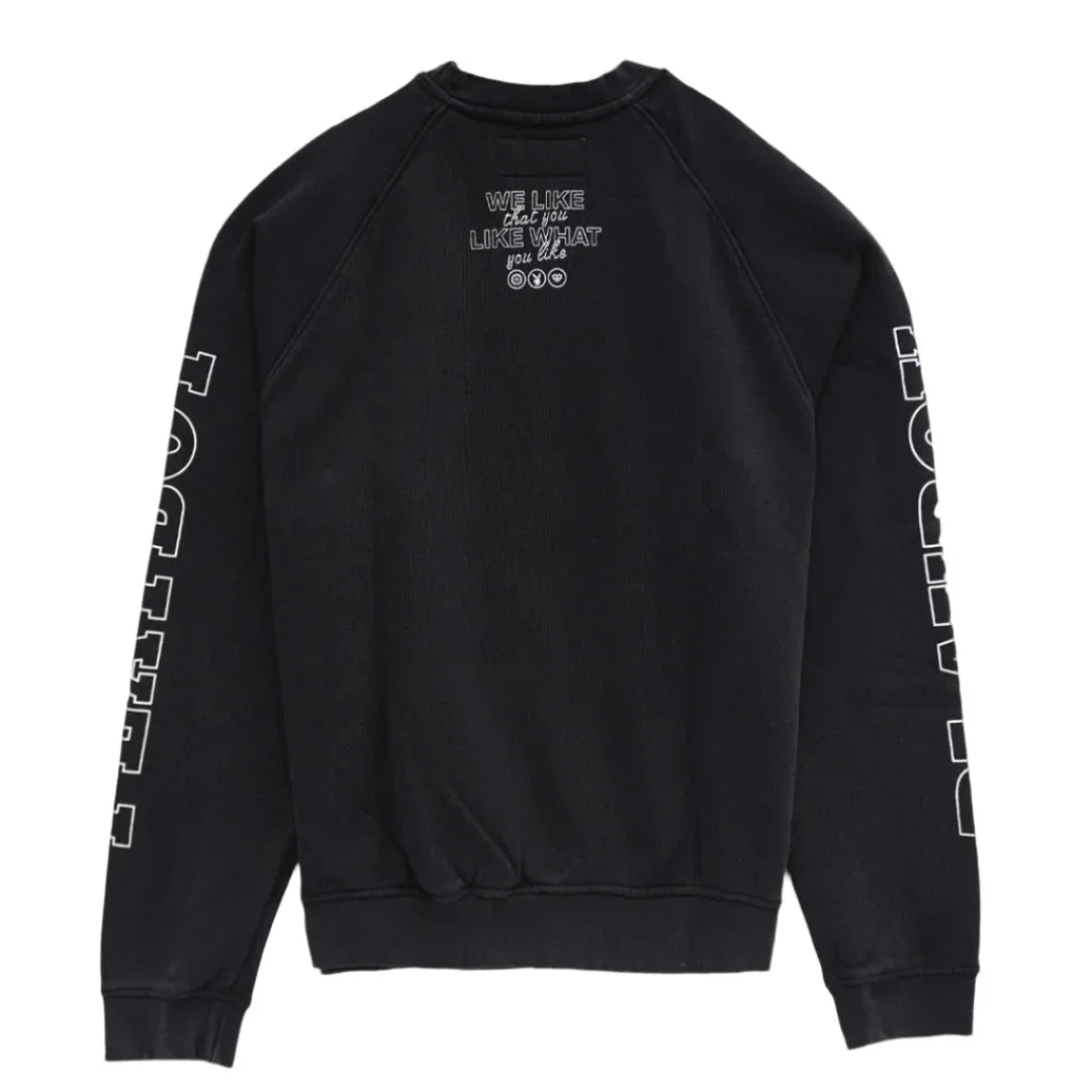 Black sweatshirt with bold white text on sleeves and graphic quote on back yoke.