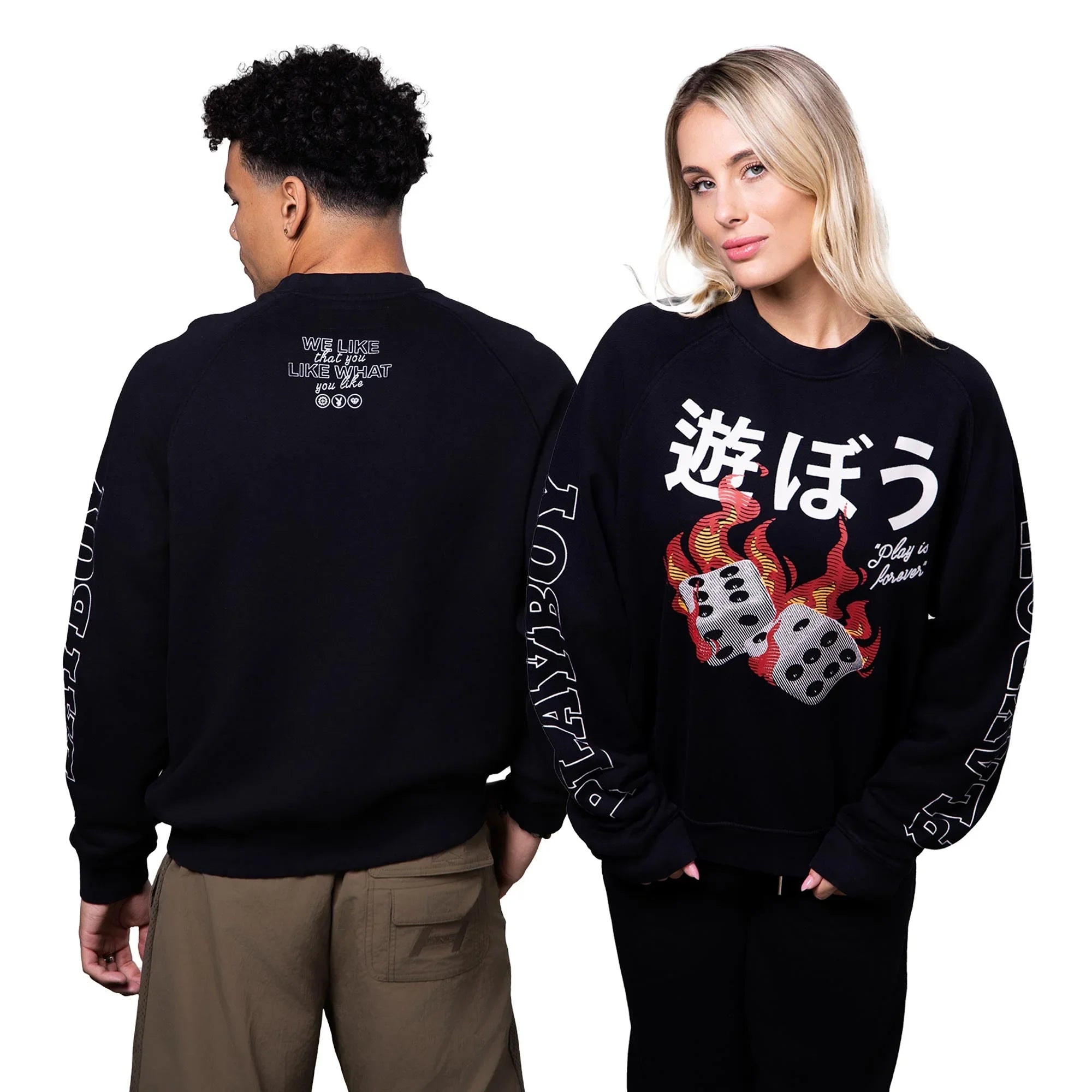 Black graphic sweatshirt with flaming dice, Japanese text, and bold sleeve lettering modeled front and back