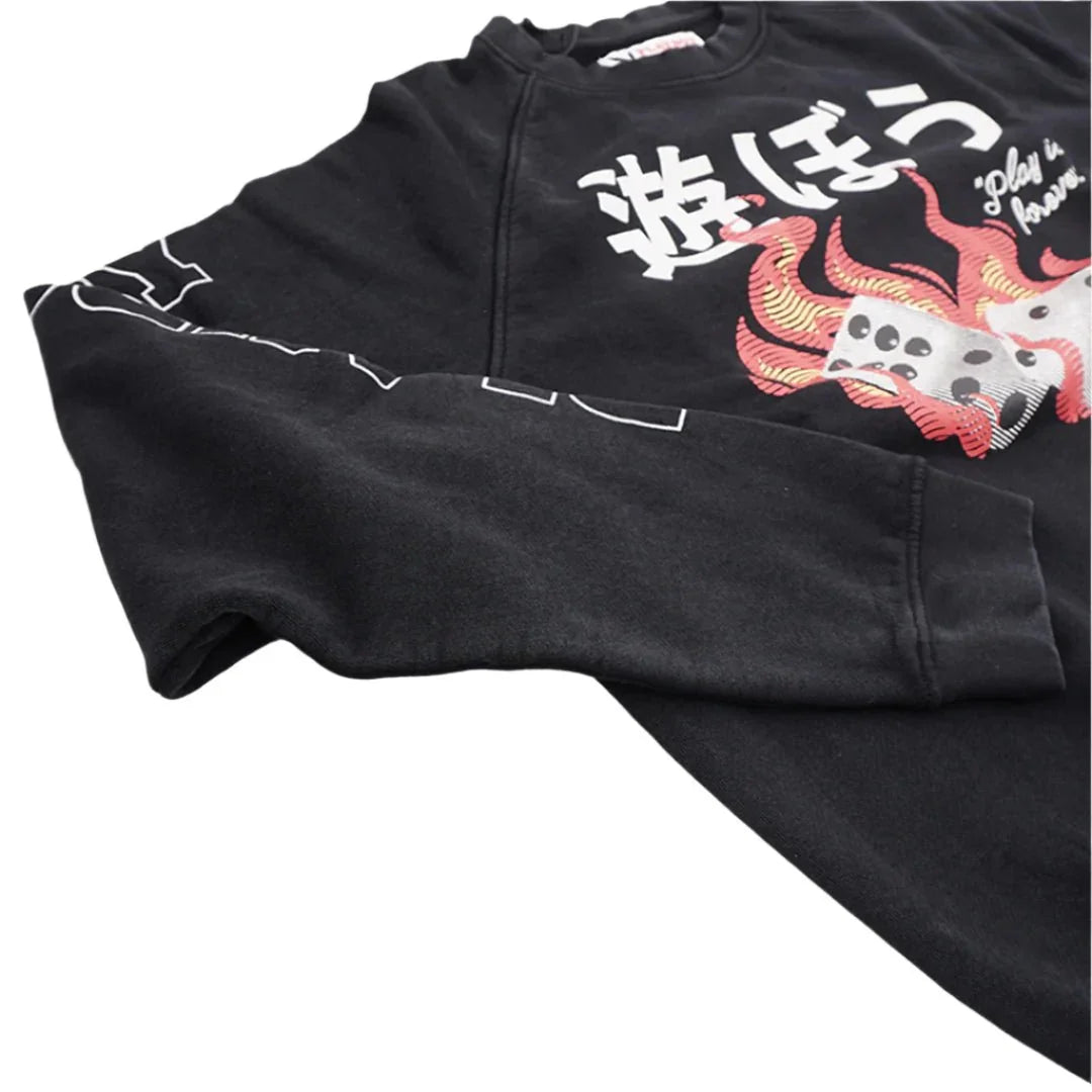 Black sweatshirt with flaming dice graphic, Japanese text, and white sleeve lettering