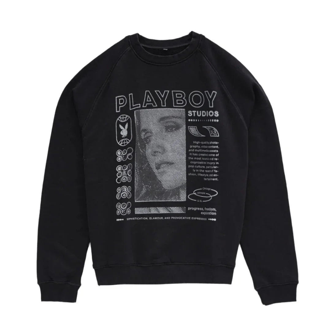 Black crewneck sweatshirt with PLAYBOY Studios graphic, portrait, and white printed text on front.