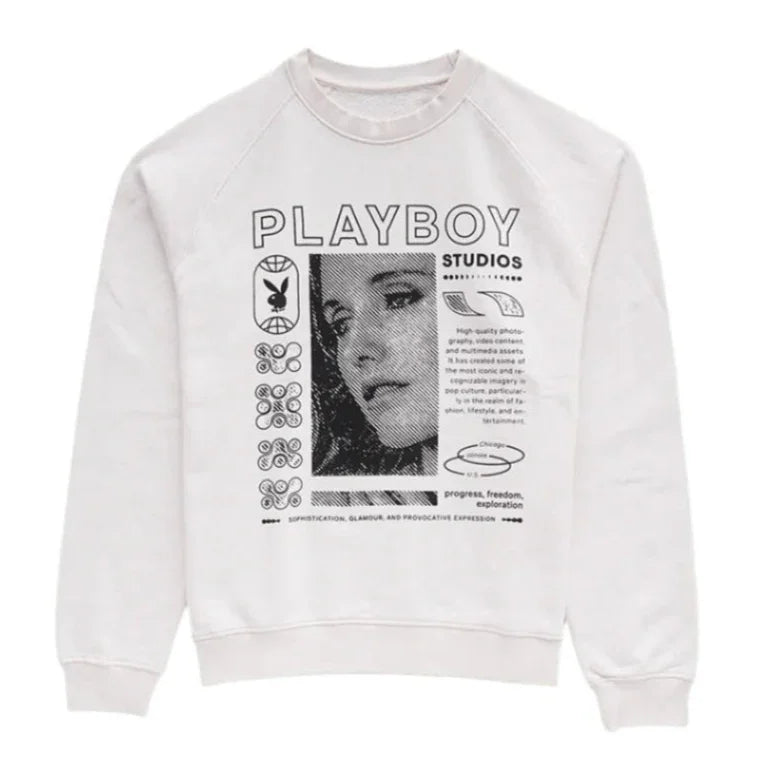 White sweatshirt featuring black graphic print with portrait, bold text, and artistic design elements.