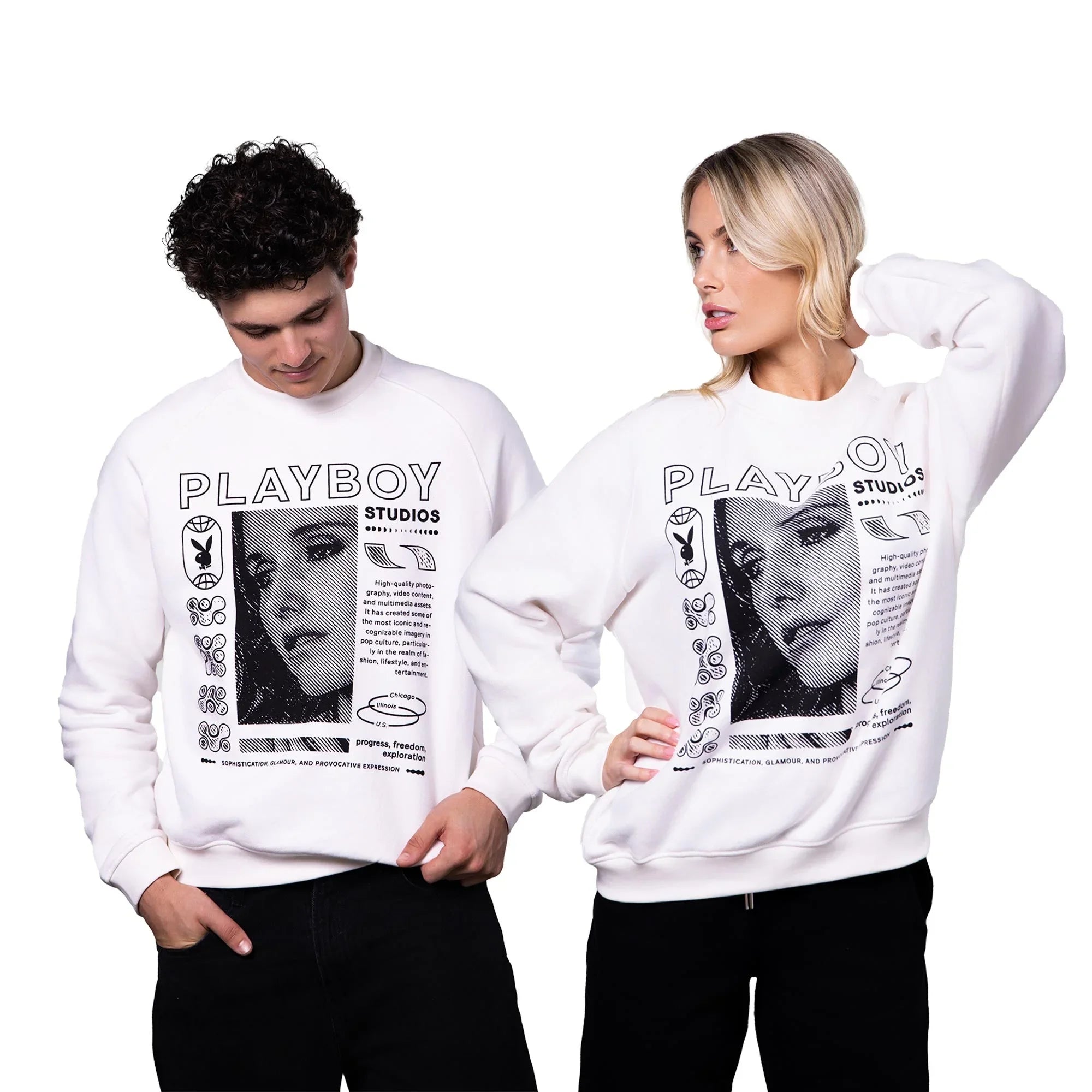 Unisex white graphic sweatshirt with bold black text, portrait design, and creative illustrations