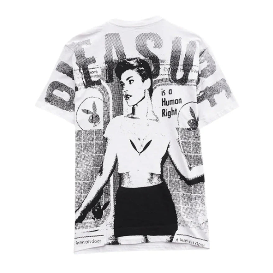 Graphic white t-shirt featuring a retro woman, bold text 'PLEASURE', and black and white Playboy-style motifs.