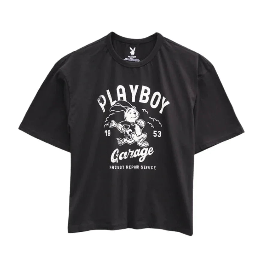 Black boxy fit graphic t-shirt with cartoon mechanic, PLAYBOY GARAGE text, and vintage style print.