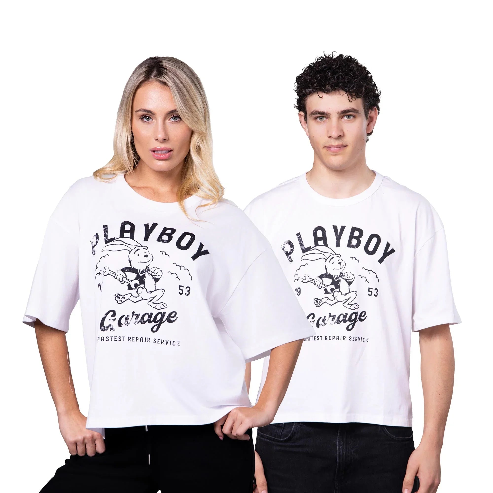Two models wear white unisex boxy tees with cartoon bunny and 'Playboy Garage' graphic print.