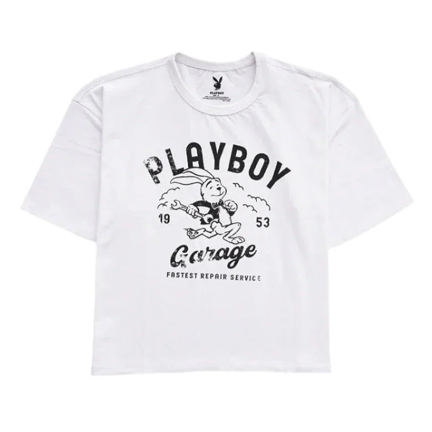 White boxy tee featuring black vintage-style Playboy Garage graphic and cartoon bunny logo.