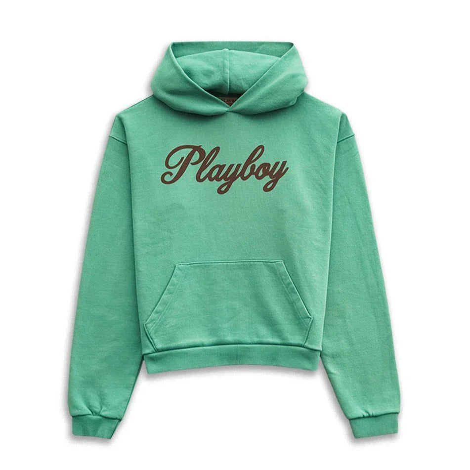 Mint green hoodie with brown script logo and front kangaroo pocket