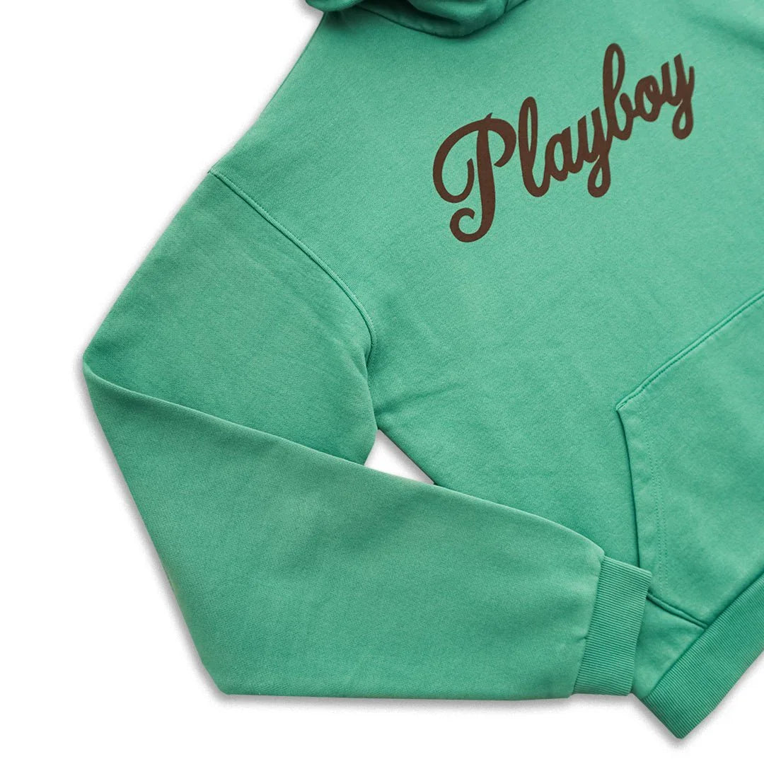 Green retro hoodie with brown Playboy script logo on chest, front pocket visible