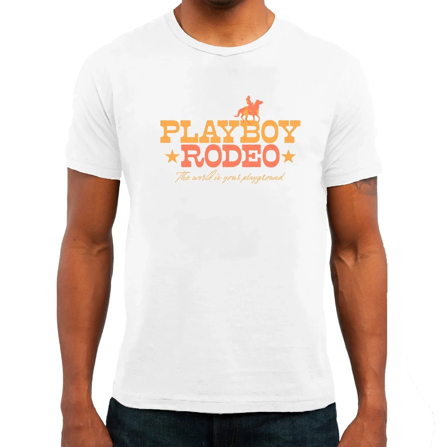 White graphic tee featuring 'Playboy Rodeo' text with stars and cowboy silhouette design.