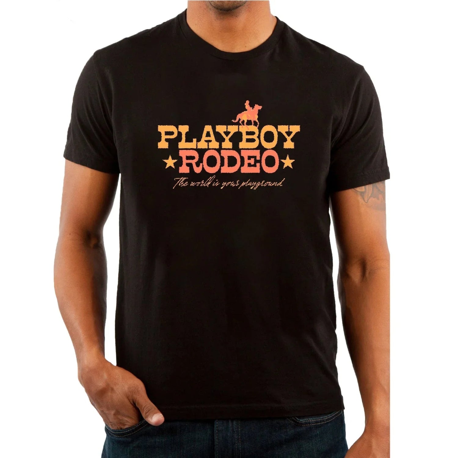 Black t-shirt with PlayBoy Rodeo graphic and western text on front, casual men's fashion
