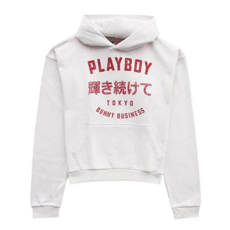White hoodie with red graphic text PLAYBOY, Japanese lettering, Tokyo, Bunny Business