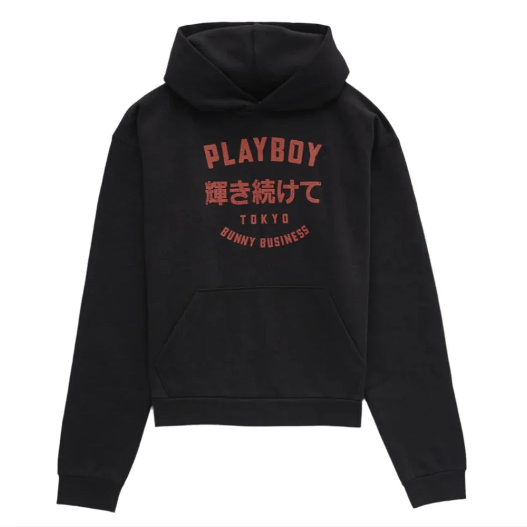 Black hoodie with red text PLAYBOY, Japanese characters, and TOKYO BUNNY BUSINESS on front