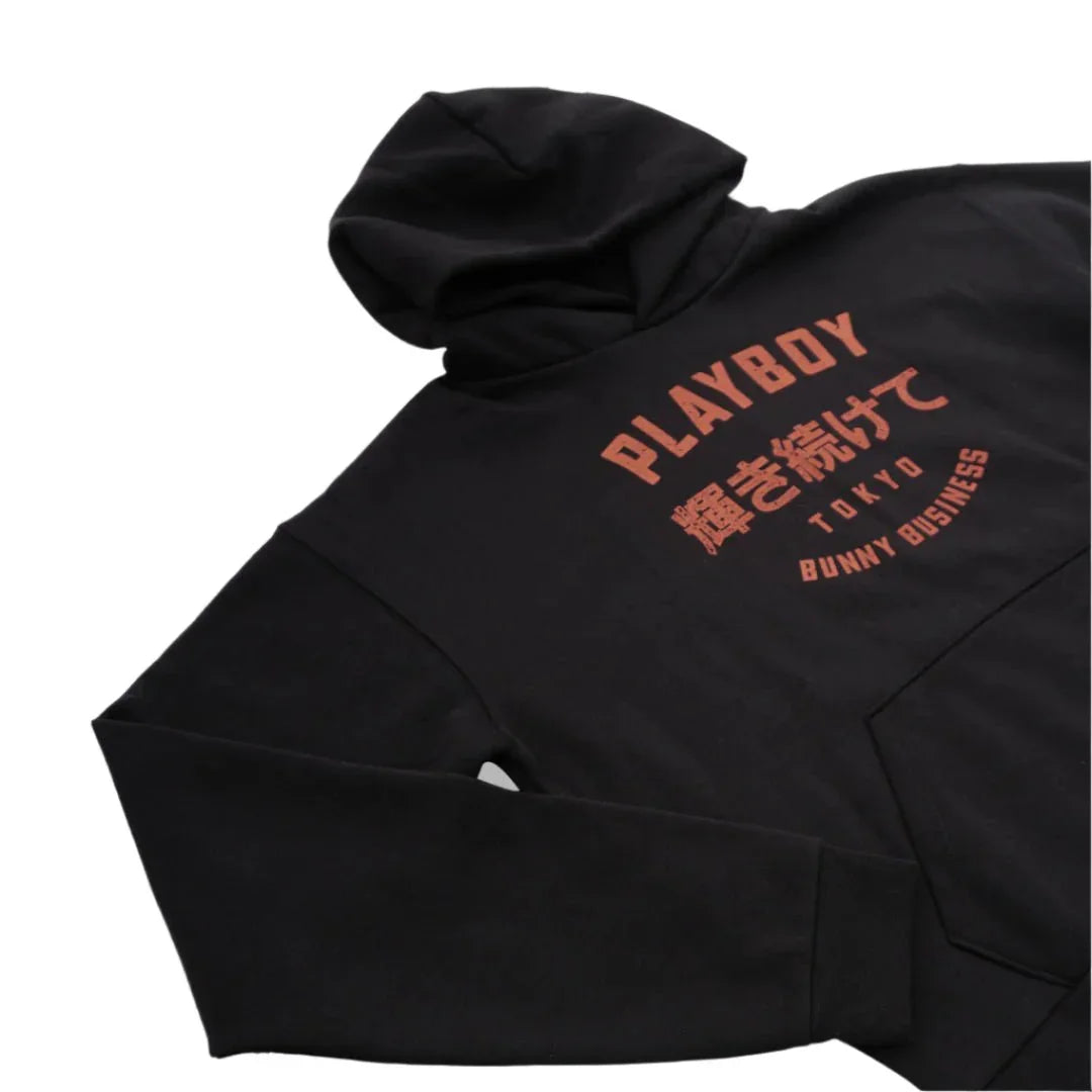 Black hoodie with orange PLAYBOY Tokyo Bunny Business and Japanese text on chest