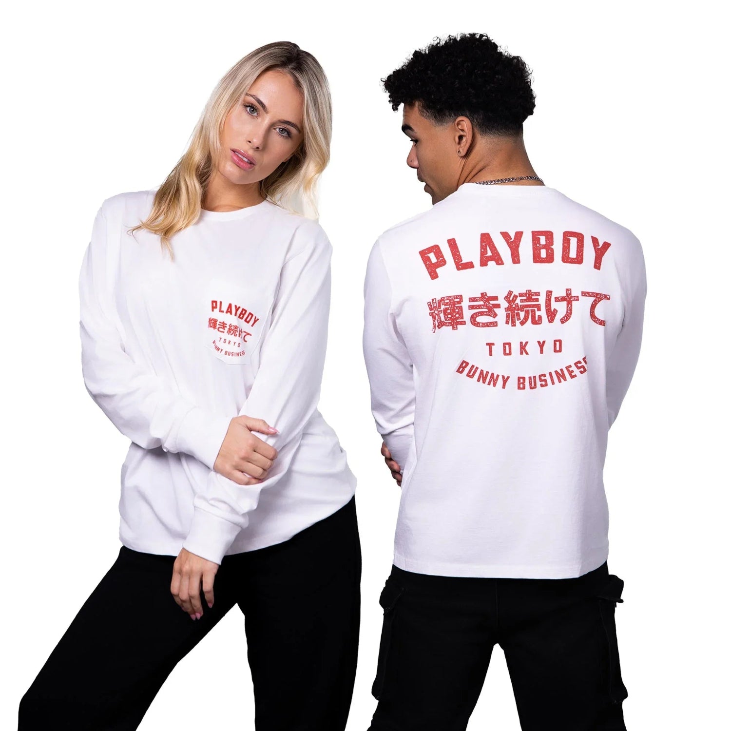 Unisex white long sleeve Tokyo graphic tee with red Japanese text, front and back views
