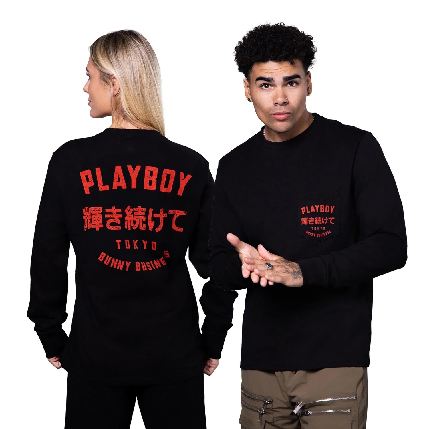 Two models wearing black long sleeve T-shirts with red Tokyo-themed graphic and text details.