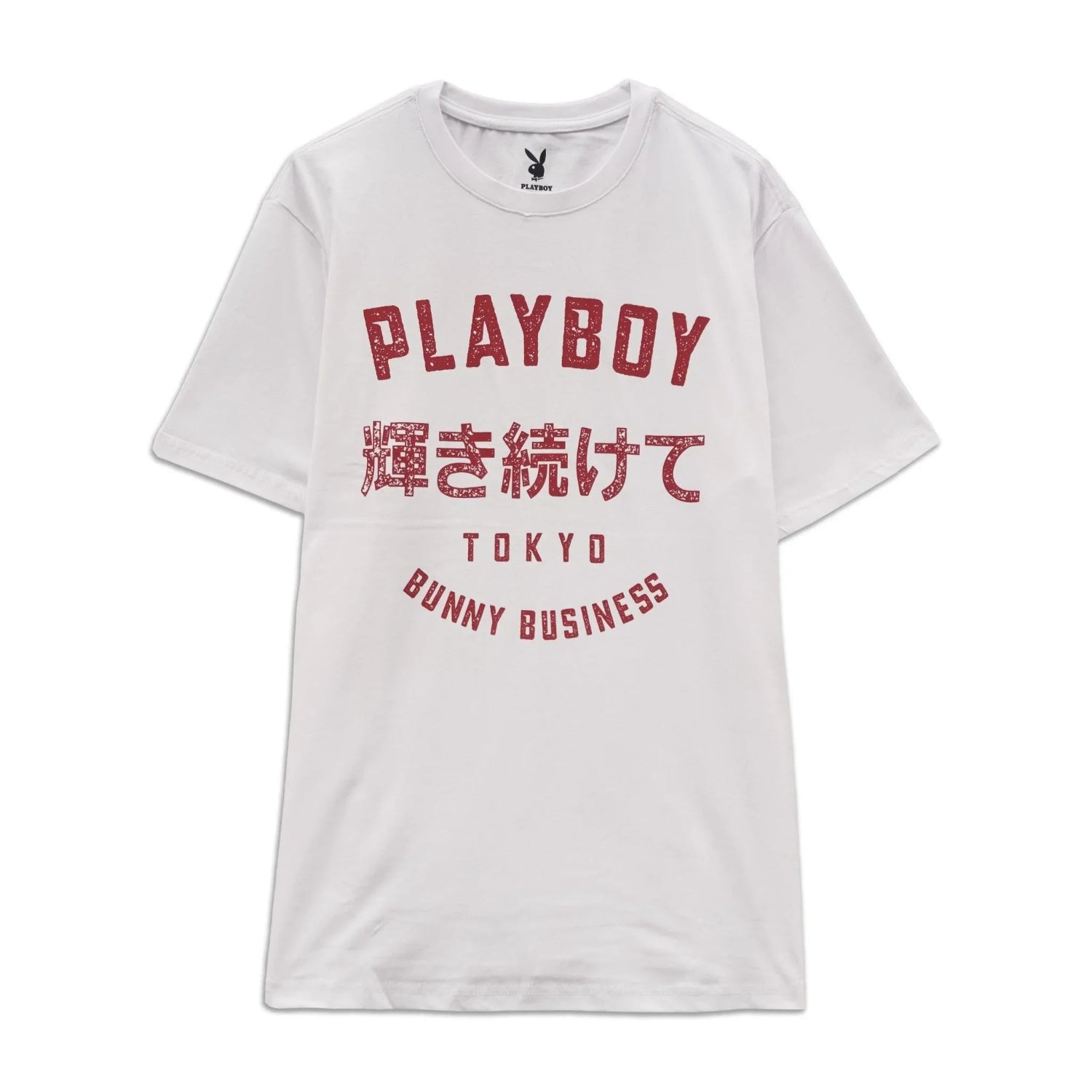White graphic tee with red text reading PLAYBOY, Japanese characters, TOKYO, and BUNNY BUSINESS.