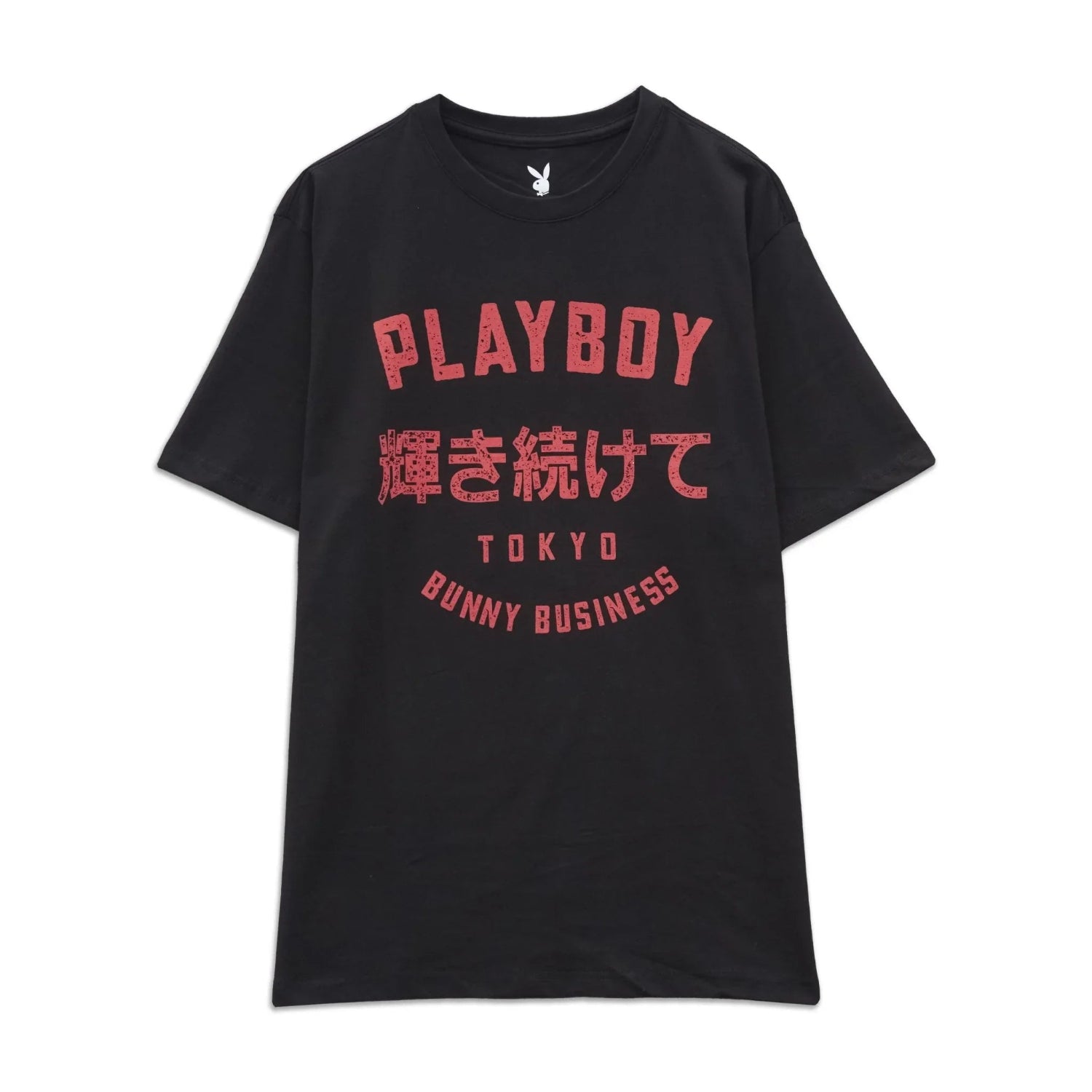 Black graphic tee with red text, Tokyo, Japanese characters, and Bunny Business slogan