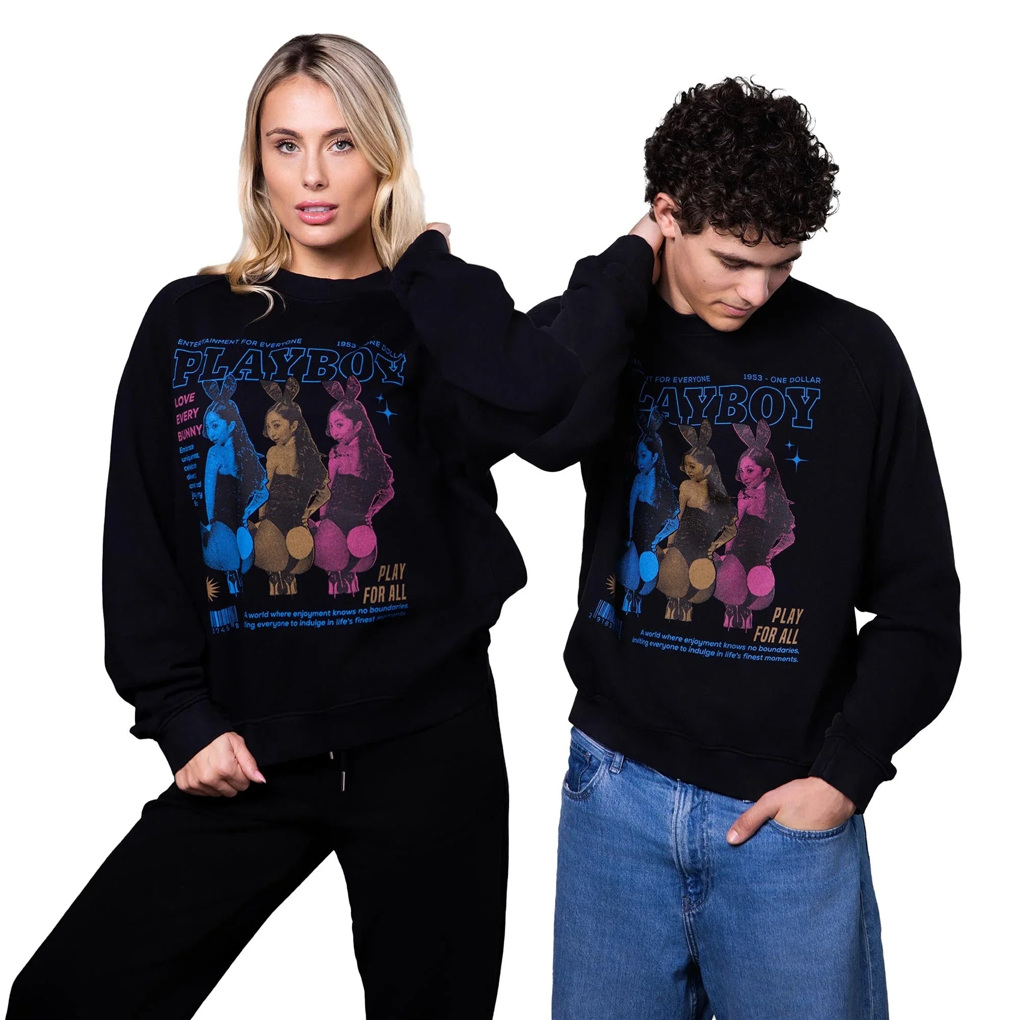 Two models wearing black graphic sweatshirts with colorful Playboy bunny print, unisex streetwear