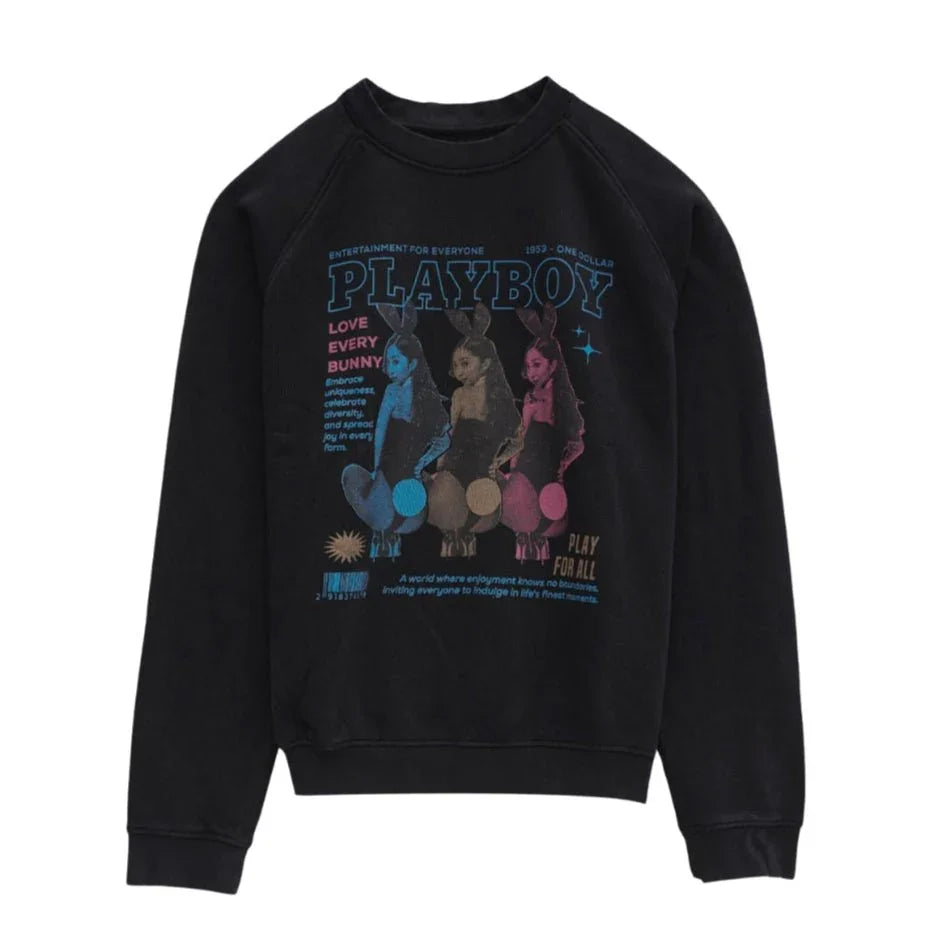 Black sweatshirt featuring colorful graphic of three bunnies with retro text and PLAYBOY logo