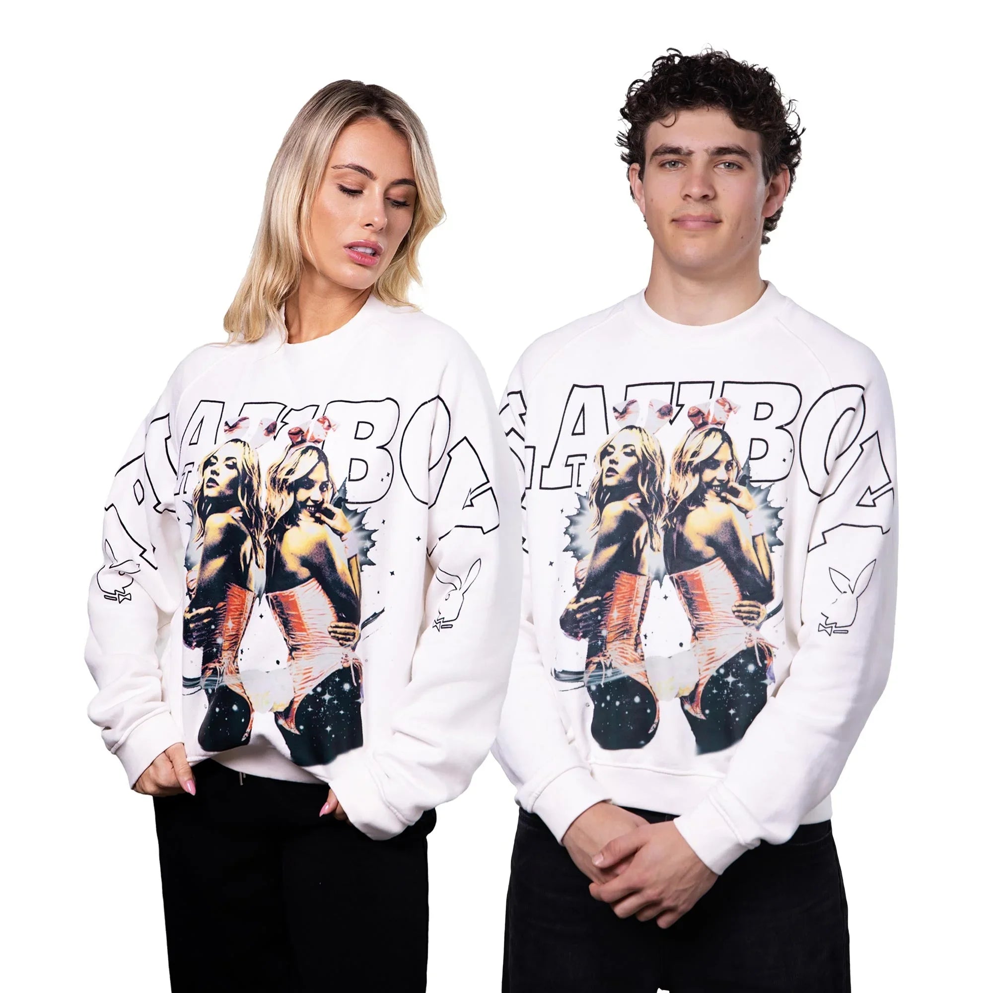Two models wearing white sweatshirts with twin bunny girl graphic print and bold text design