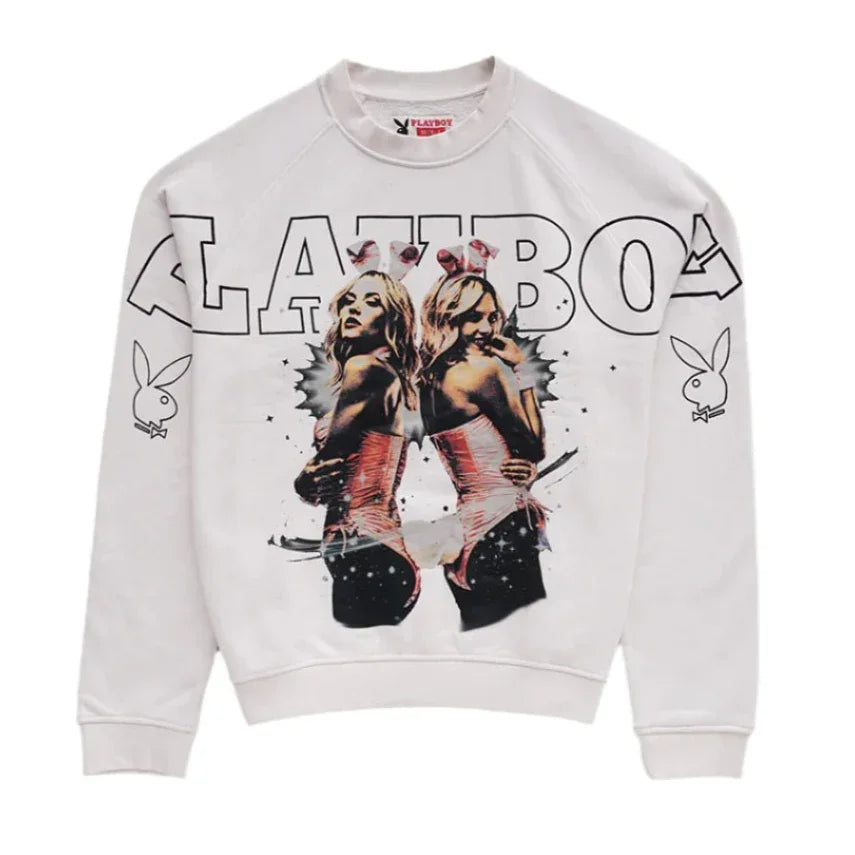 White graphic sweatshirt with illustrated twins in bunny outfits, bold text, and bunny logos