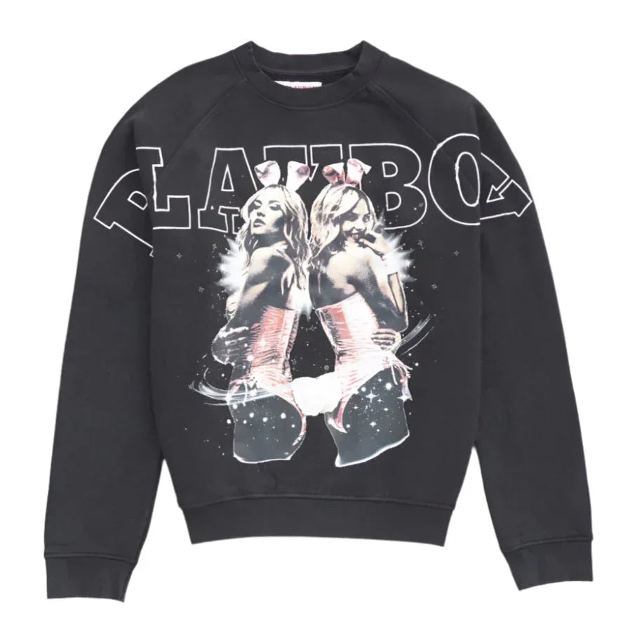 Black sweatshirt with graphic of two women in bunny costumes and bold outlined text background