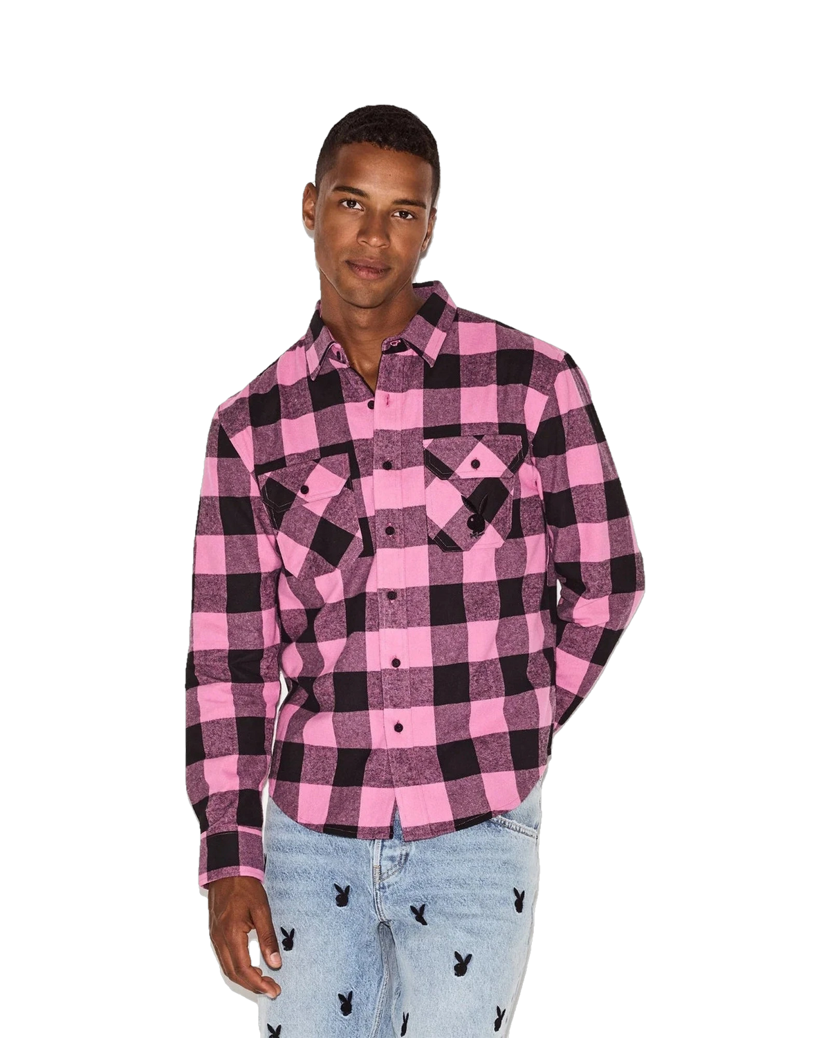 Mens Pink Flannel Long Sleeve Shirt