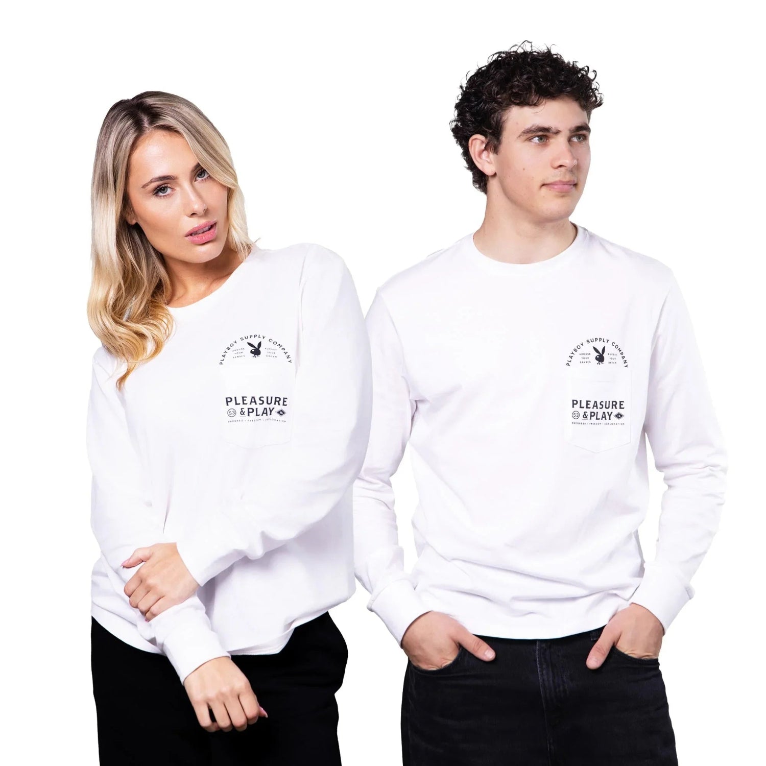 Two models wearing white long-sleeve graphic tees with pocket and black text design