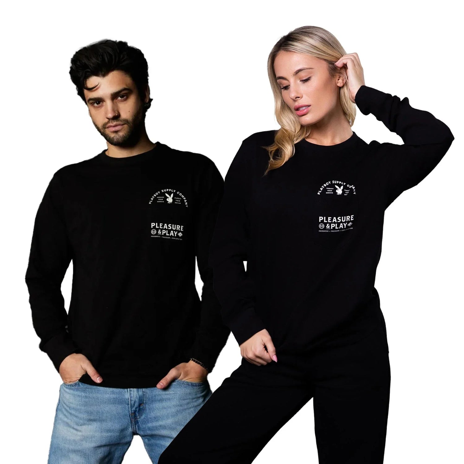 Man and woman in black long sleeve t-shirts with white chest graphic, casual fashion