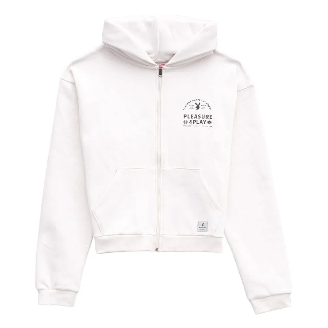 White zip-up hoodie with front pockets and 'Pleasure & Play' graphic on chest