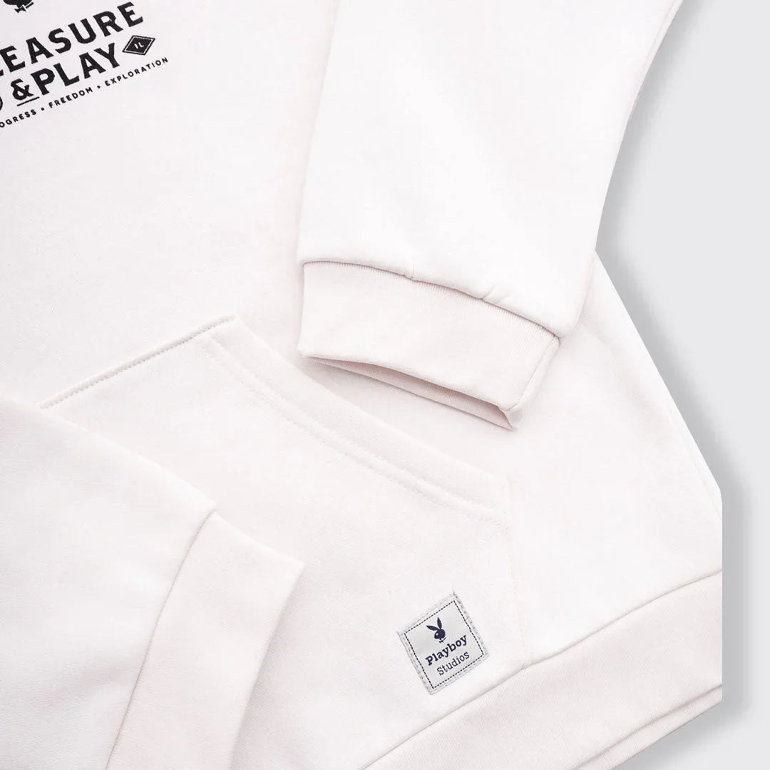 White zip-up hoodie with front pocket, ribbed cuffs, and black text graphic detail