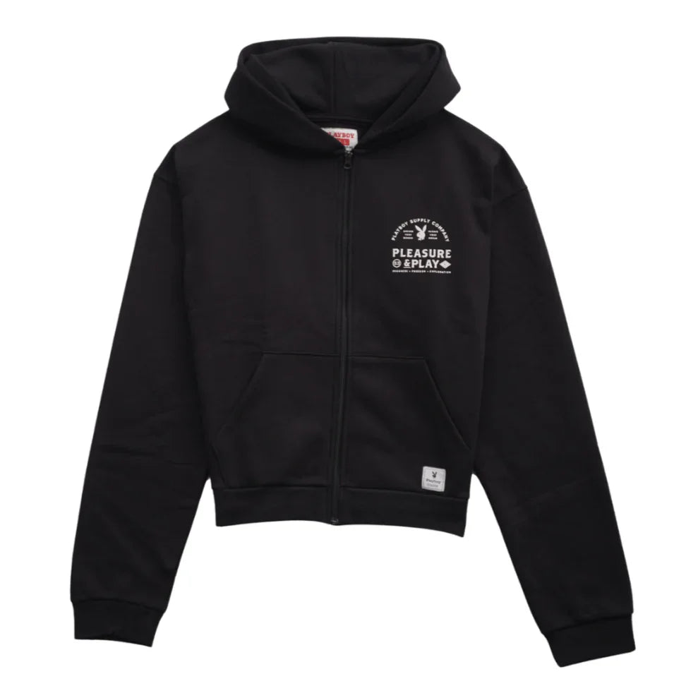 Black zip-up hoodie with white 'Pleasure & Play' text and graphic on front chest