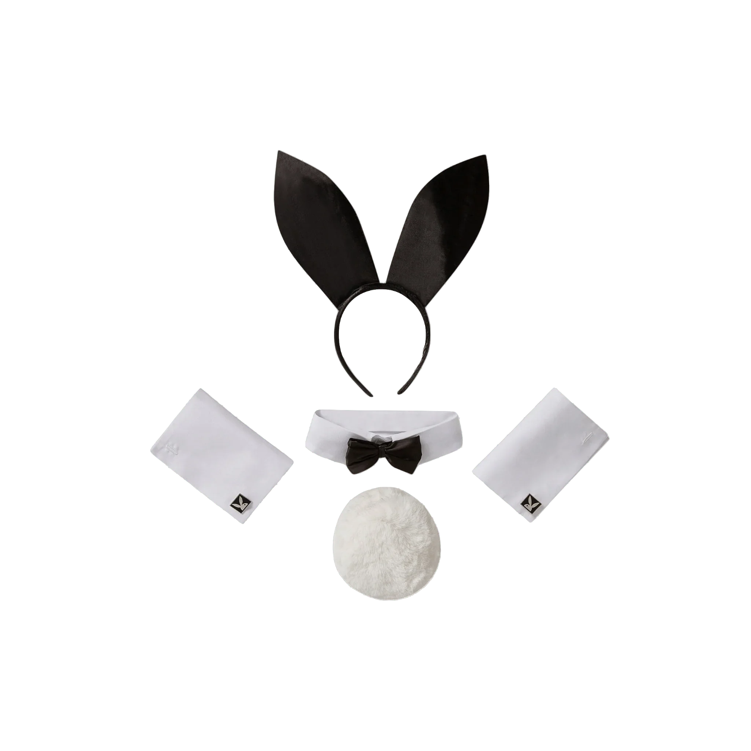 Bunny costume accessories kit with black ears headband, bow tie collar, cuffs, and fluffy tail