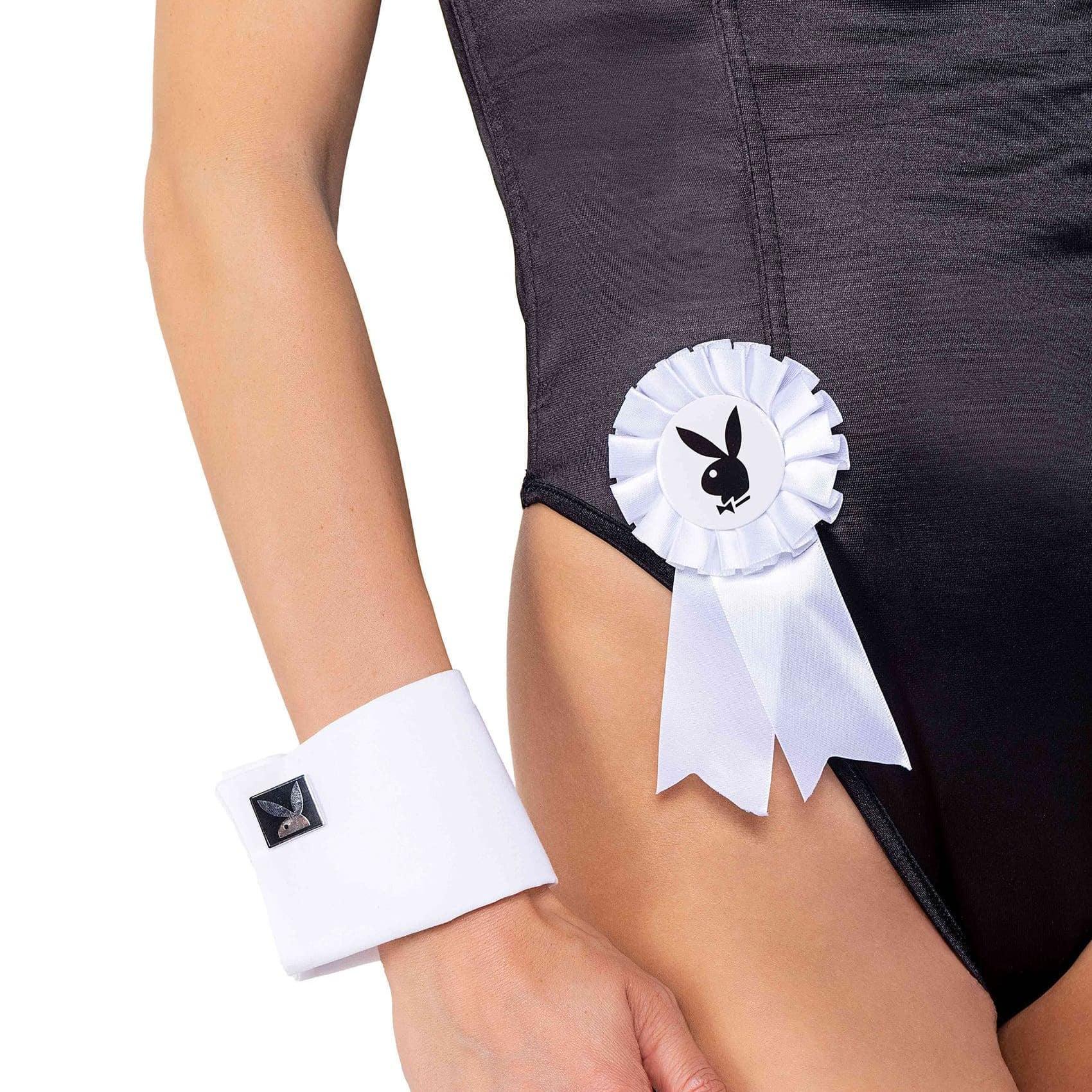 Black bodysuit with white rosette and cuff, featuring bunny logo, women's costume accessory set