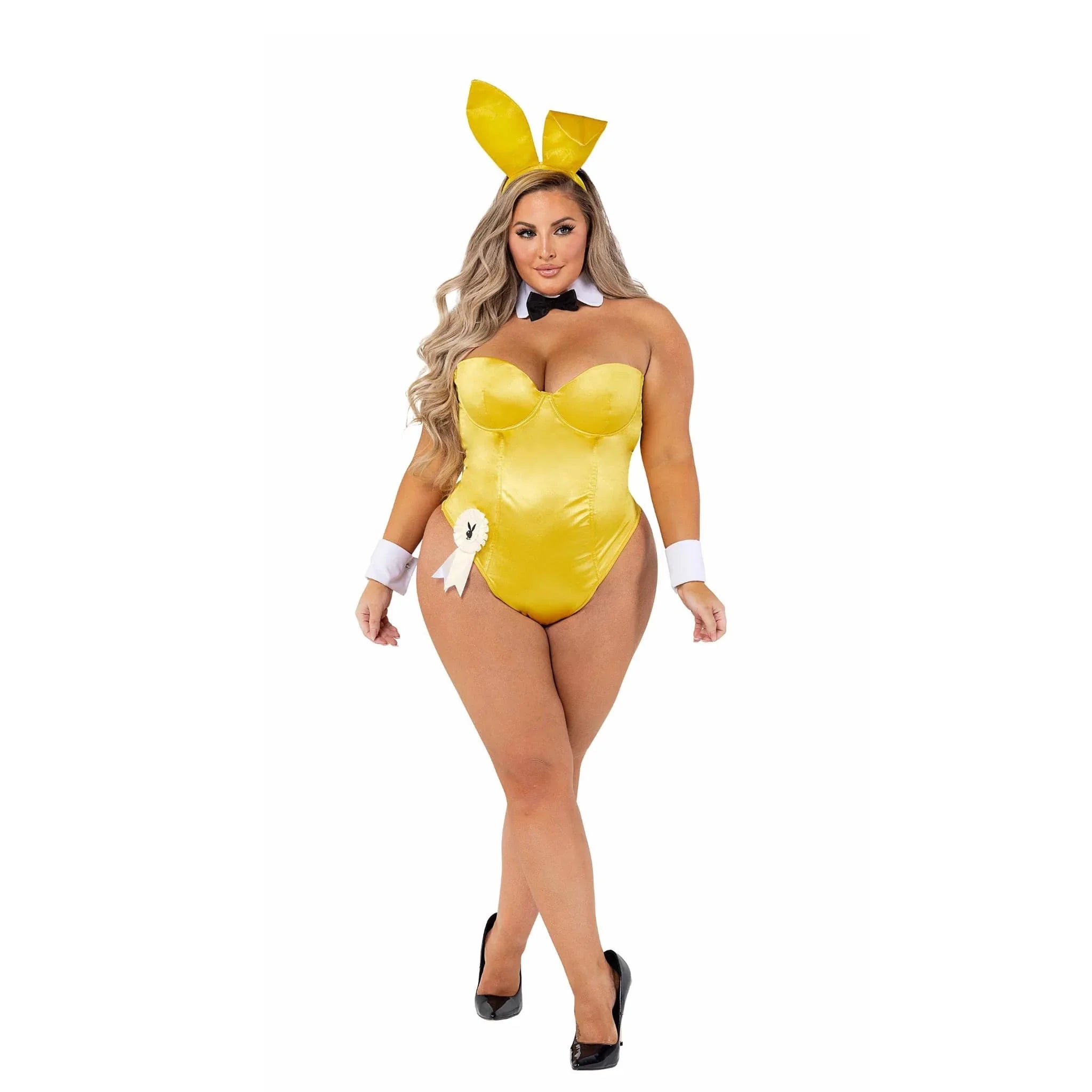 Plus size woman in yellow bunny costume with ears, bow tie, cuffs, and black heels.