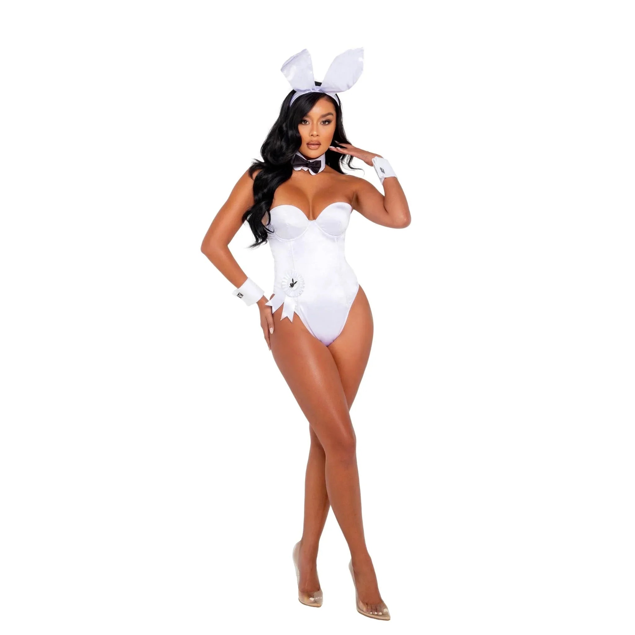 Woman in white bunny costume set with bodysuit, bow tie, cuffs, and bunny ears