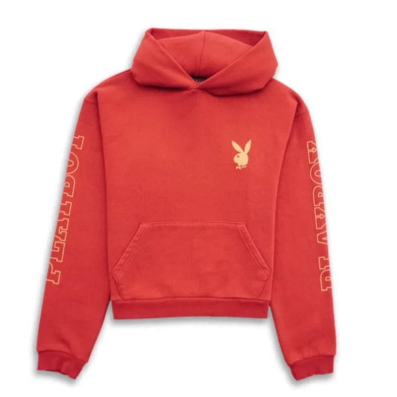 Red hoodie with yellow bunny logo on chest and PLAYBOY graphic on both sleeves