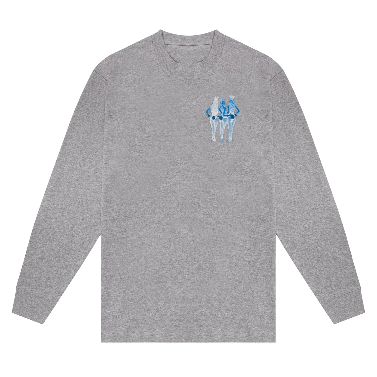 Gray long sleeve t-shirt with small blue x-ray print of two women on chest