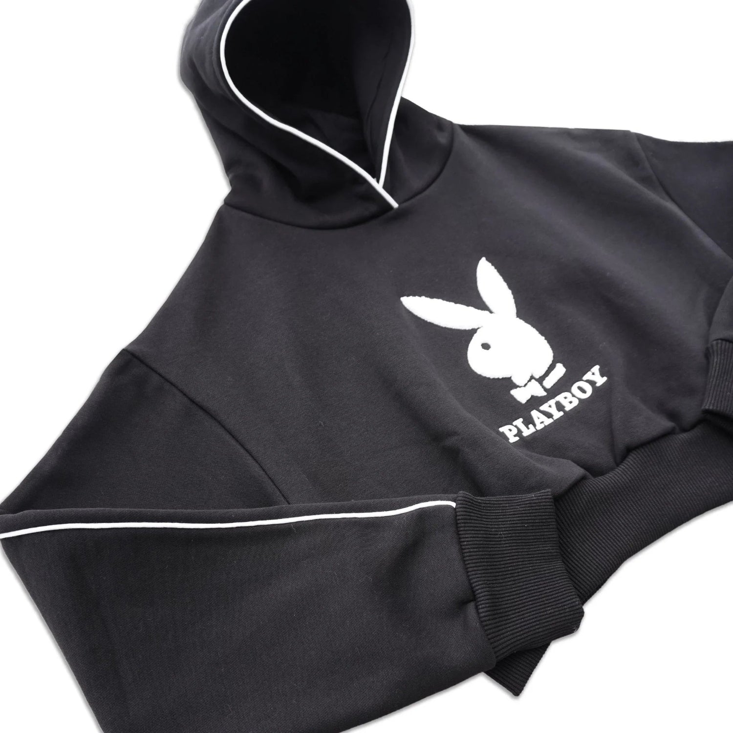 Black cropped chenille hoodie with white bunny logo and white piping detail
