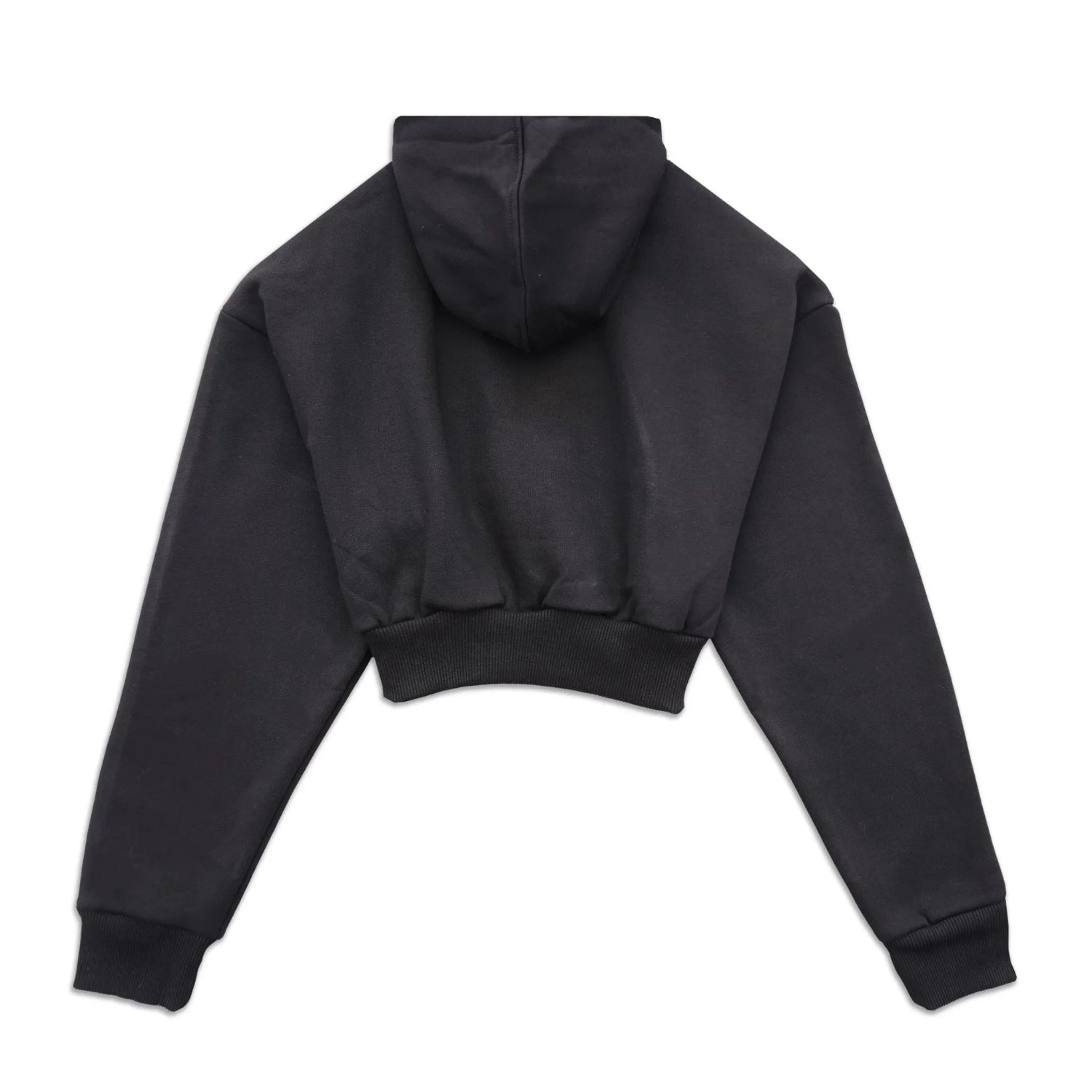 Back view of a black cropped chenille hoodie with long sleeves and ribbed cuffs