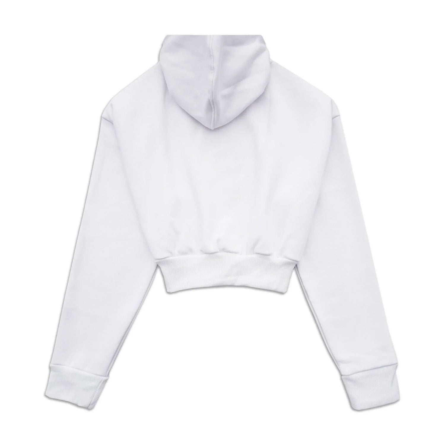 Back view of cropped white chenille hoodie with long sleeves and ribbed hem
