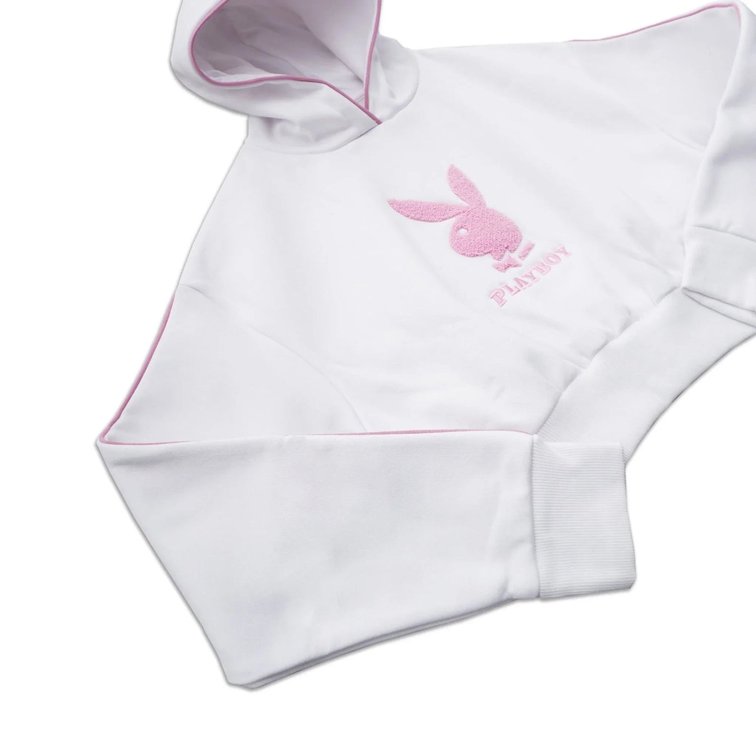 White cropped hoodie with pink chenille bunny logo and hood, women's fashion top