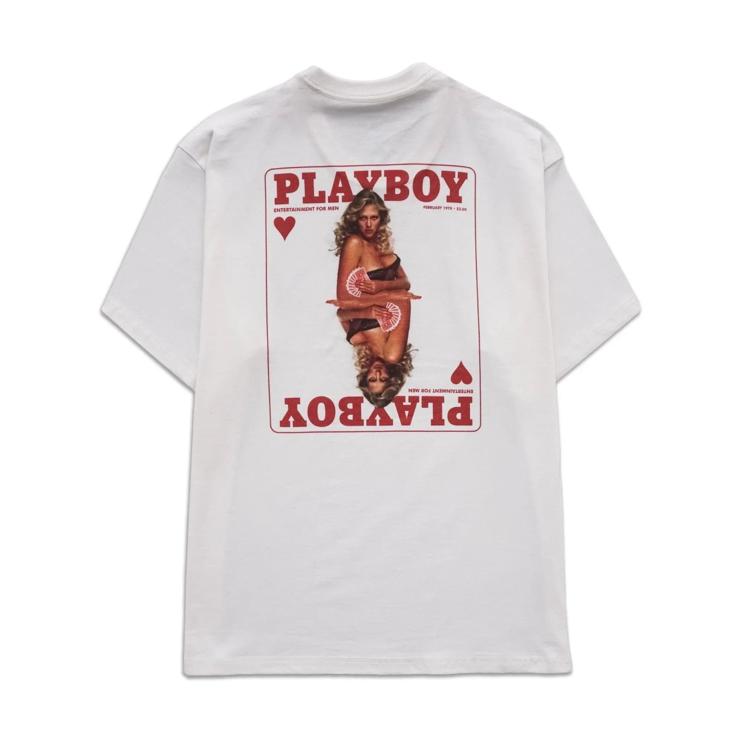White graphic tee with vintage magazine cover, playing card design, and retro print.
