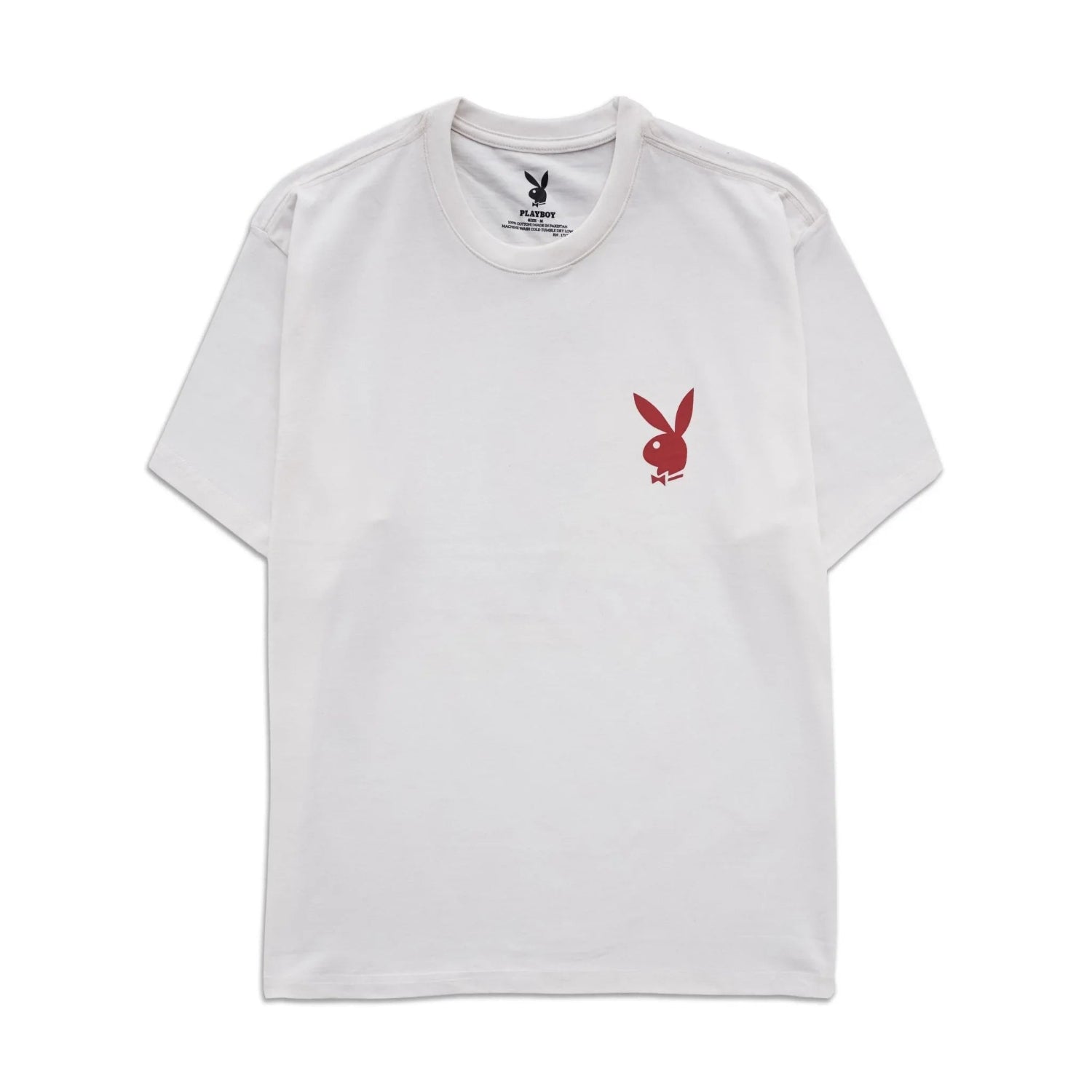 White unisex t-shirt with a red bunny head logo graphic on the front chest