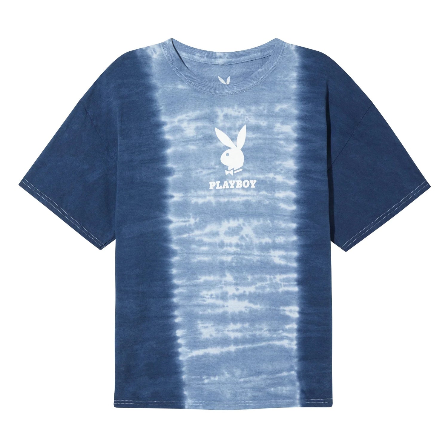 Blue and white vertical tie-dye t-shirt with bunny logo and bold text on the front.