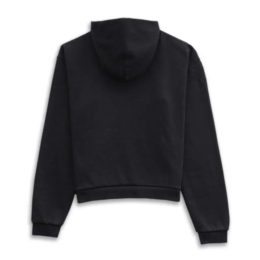 Back view of a plain black cropped hoodie with long sleeves and hood on white background