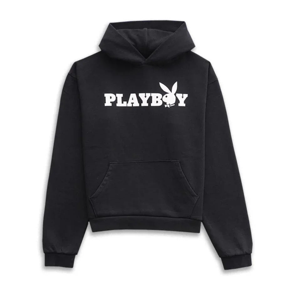 Black hoodie with bold white PLAYBOY text and bunny logo, front pocket, pullover style
