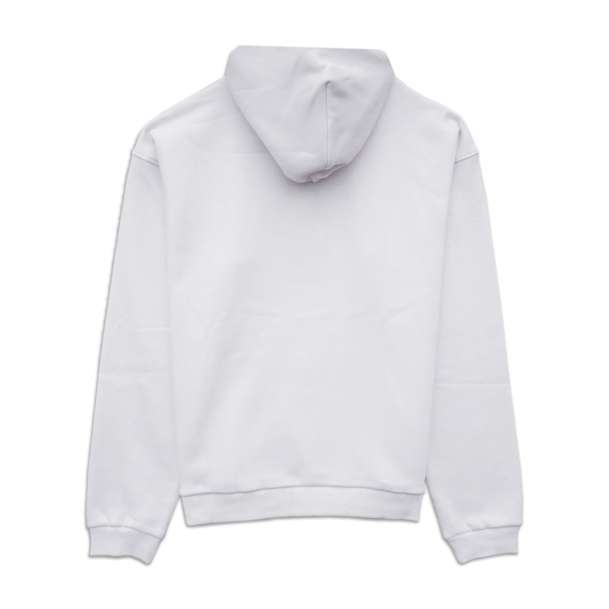 Back view of plain white hoodie with hood, long sleeves, and ribbed cuffs on white background