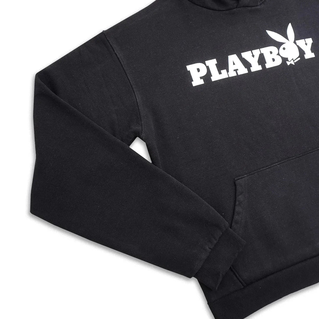 Black hoodie with white PLAYBOY logo and bunny graphic on the chest, front view